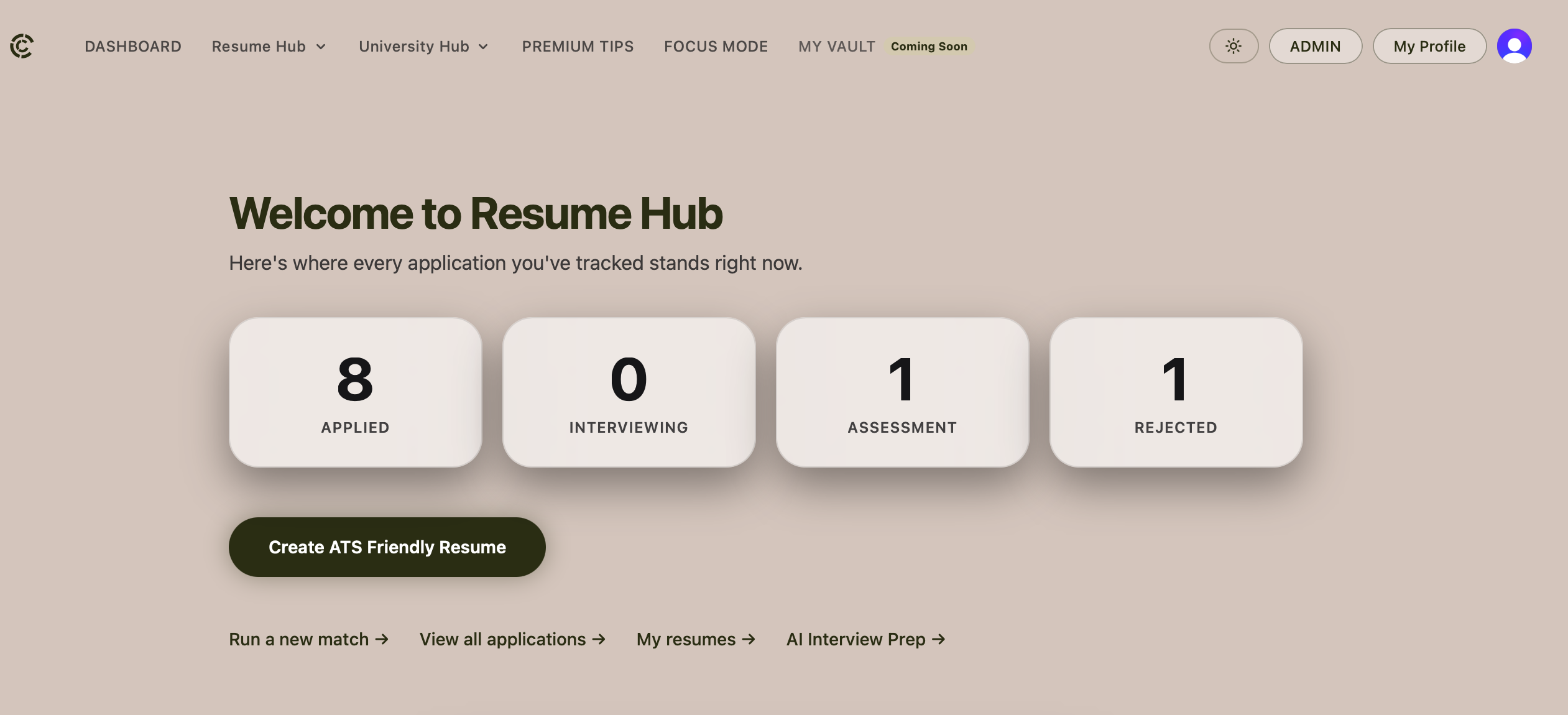 Job Hub landing page with cards for ATS Resume, Cover Letters, Resume Analyzer, and My Vault
