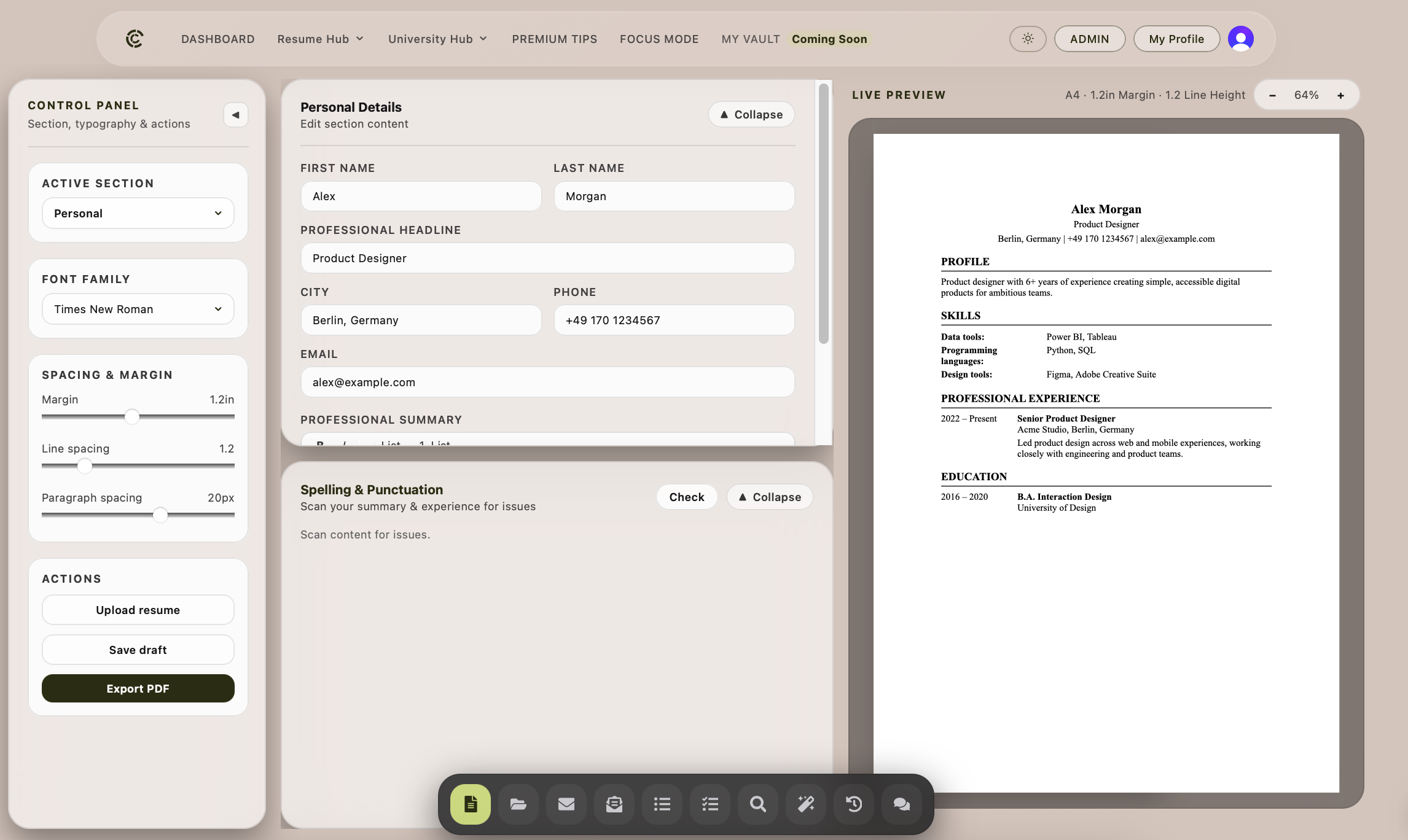 ATS Resume Control Panel showing section editors on the left and a live resume preview on the right