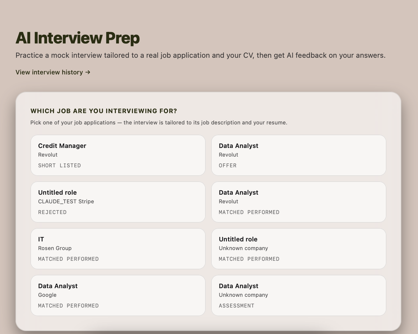 AI Interview Prep gateway showing text mode and voice mode options and past-session history
