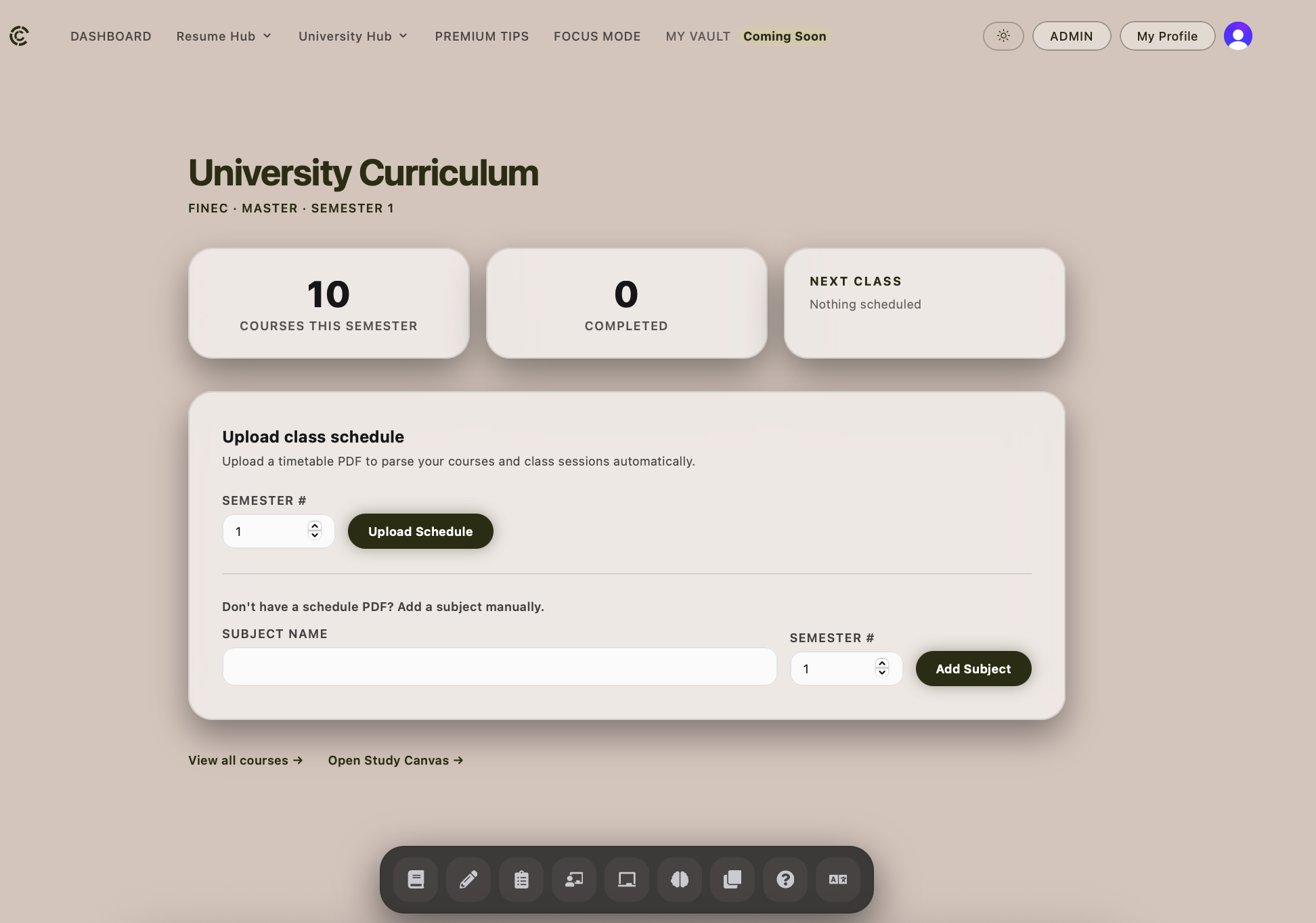 University Hub showing Course Status tracker, Notebook, Reports, Study Canvas, and Curriculum tiles