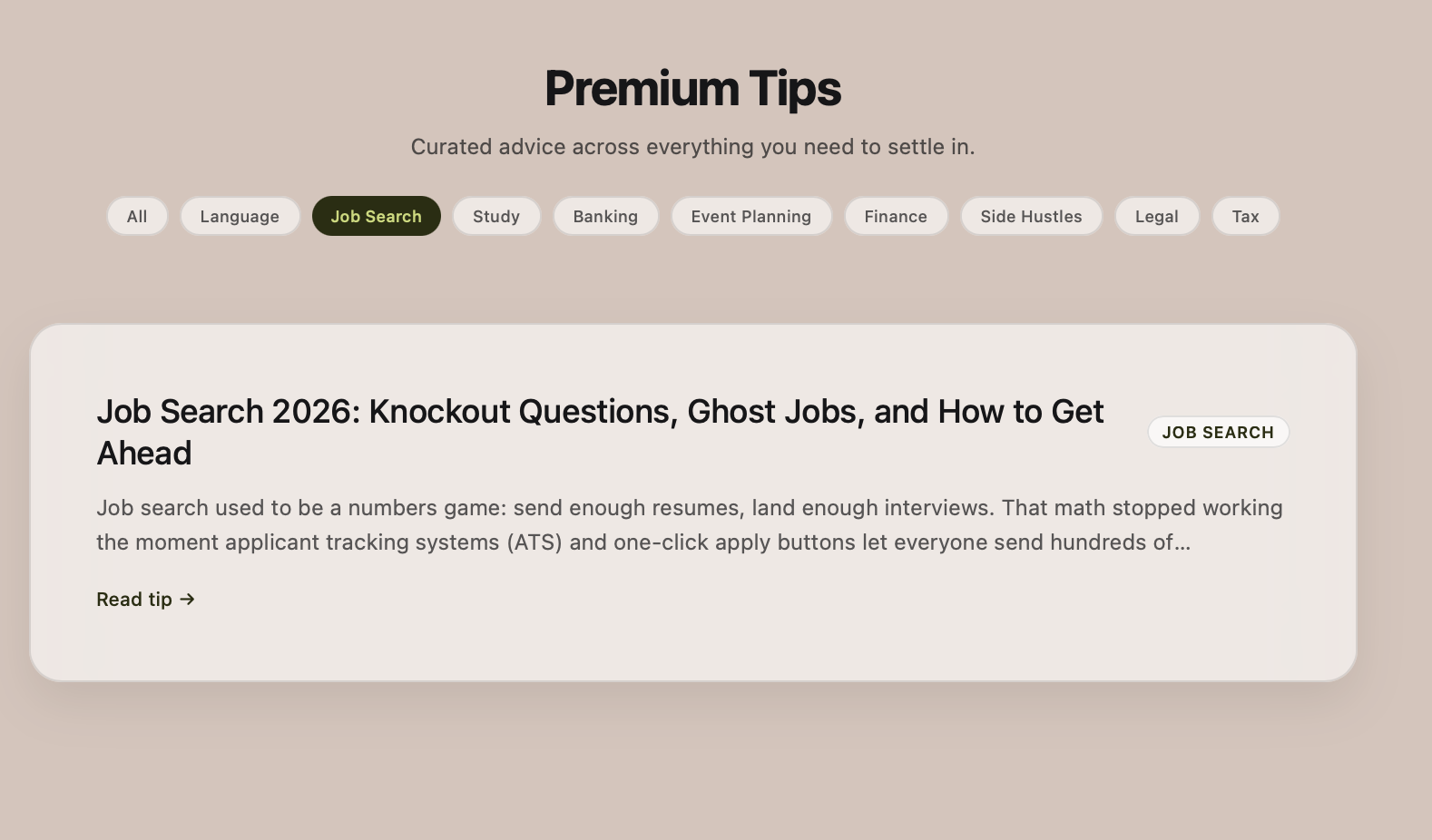 Guides library with article cards and a Premium Tips section